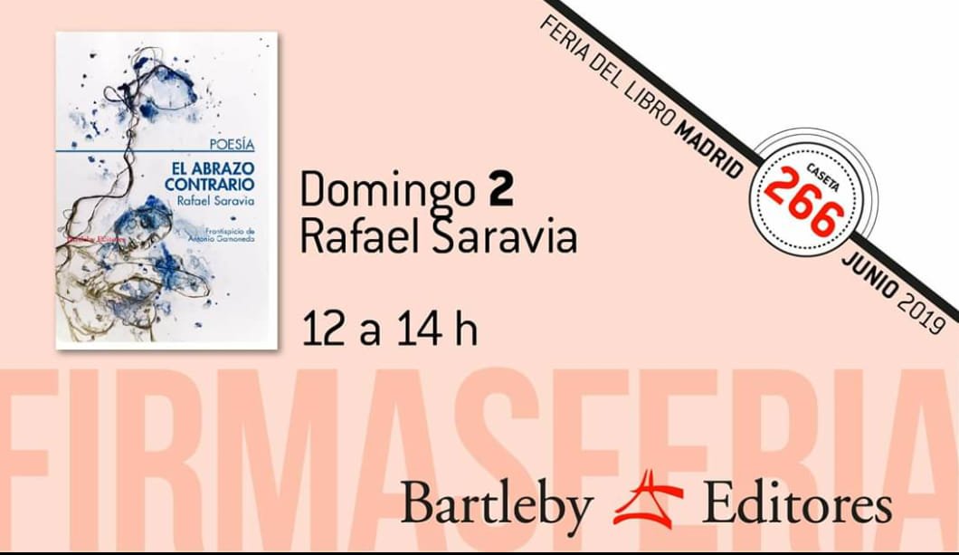 Este domingo día 2 de junio estaré por <a href="/FLMadrid/">Feria del Libro de Madrid</a>  con mis libros de <a href="/BartlebyEditor/">Bartleby Editores</a> . Si pasáis me aliviaréis el calor y nos echaremos unas risas brindando!