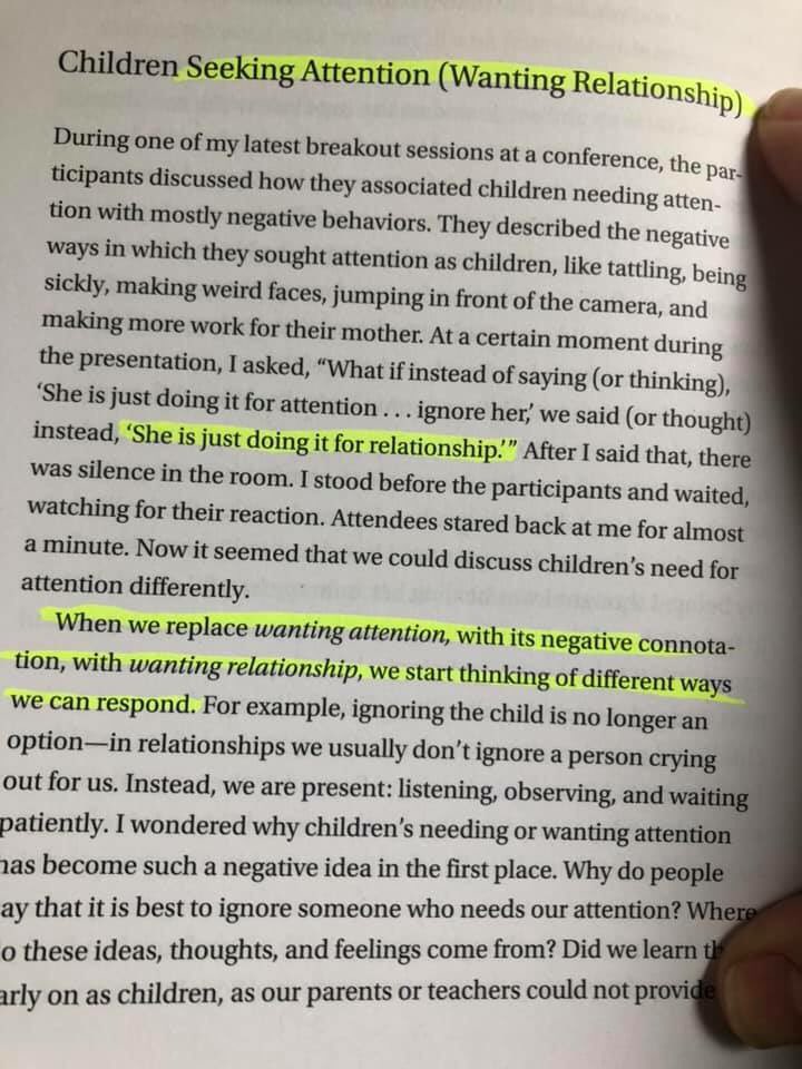 AmatoZech's tweet image. Children don’t seek attention...they want a relationship. #positivereframing

(From Everyone Needs Attention: Helping Young Children Thrive by Tamar Jacobson)