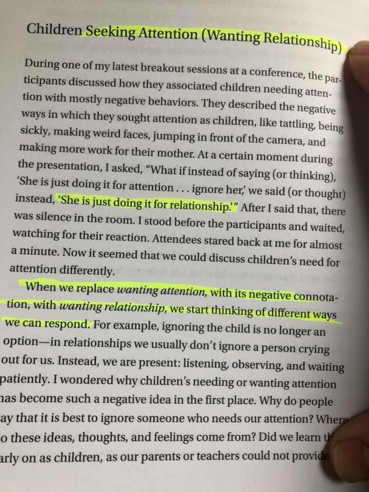 Children don’t seek attention...they want a relationship. #positivereframing

(From Everyone Needs Attention: Helping Young Children Thrive by Tamar Jacobson)