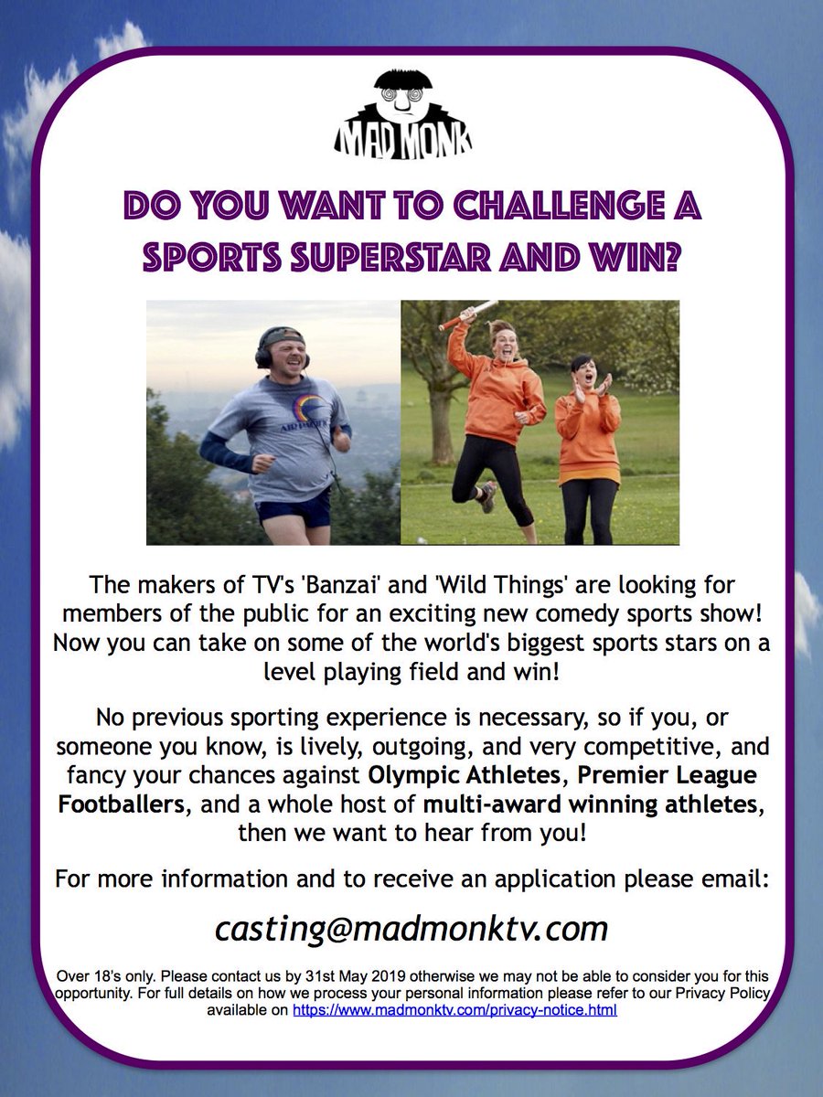 Would you like to take on Premier League Footballers, Olympians and World Champions??! Now is your chance to shine . Email casting@madmonktv.com for more information