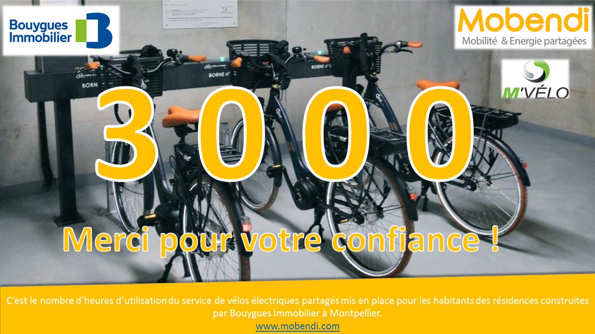 Bouygues Immobilier a souhaité équiper 2 de ses nouvelles résidences à Montpellier avec un service de vélos électriques partagés à disposition des résidents. Merci à notre partenaire <a href="/mvelofr/">M'VELO</a> . Déjà 3000 heures d'utilisation ! Notre nouveau site internet : mobendi.com