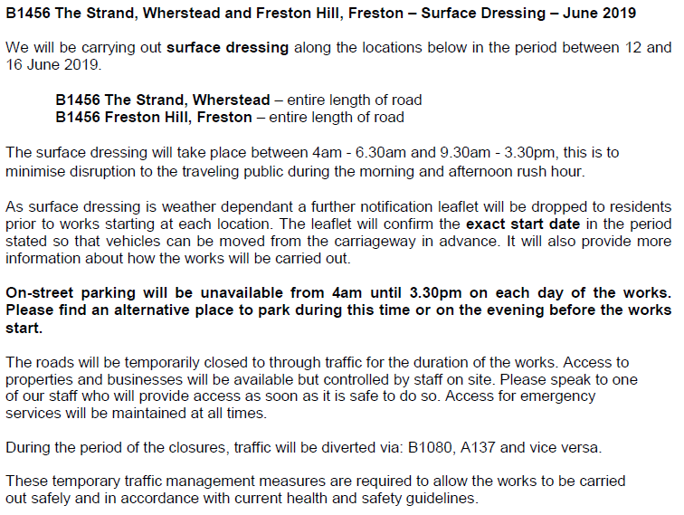 Suff_highways's tweet photo. Surface dressing will be taking place along B1456 The Strand, #Wherstead and B1456 Freston Hill, #Freston between 12 June and 16 June. Please see below for full details of the works. #SuffolkSurfaceDressing https://t.co/WO6cVAPGid