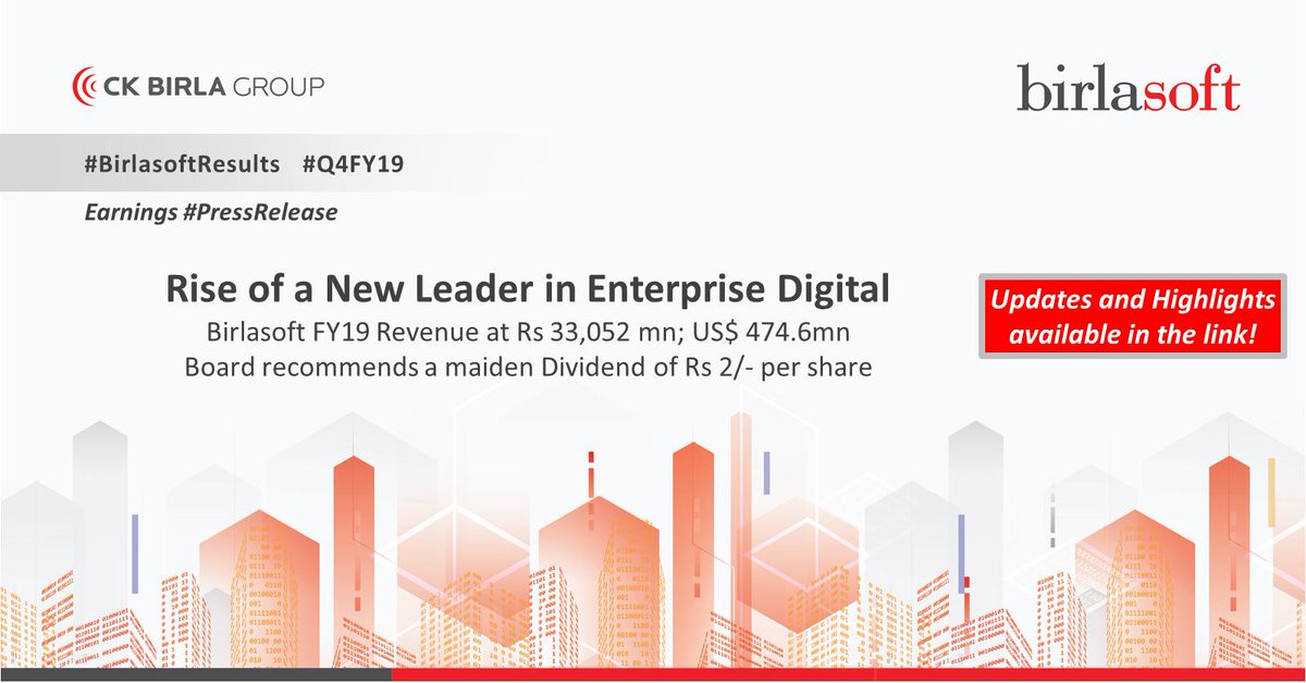 birlasoft's tweet image. #SameTimeLastWeek | #BirlasoftResults #Q4FY19 | Earnings #PressRelease; &quot;With the conclusion of the complex merger/de-merger process, Birlasoft has emerged as a leading #enterprisedigital company, ending the year with ~ $475 mn in revenues.&quot; Read more: buff.ly/2YTxL94