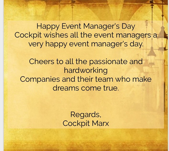 Cockpit07458859's tweet photo. Happy event manager's day.

#eventplanning #events #eventmanagementcompany #eventplanner #eventmanagers #luxuryeventplanner #Cockpit #wishes #teamcockpit #teamsuccess #planning #eventmanager https://t.co/fMIuWxiEZv