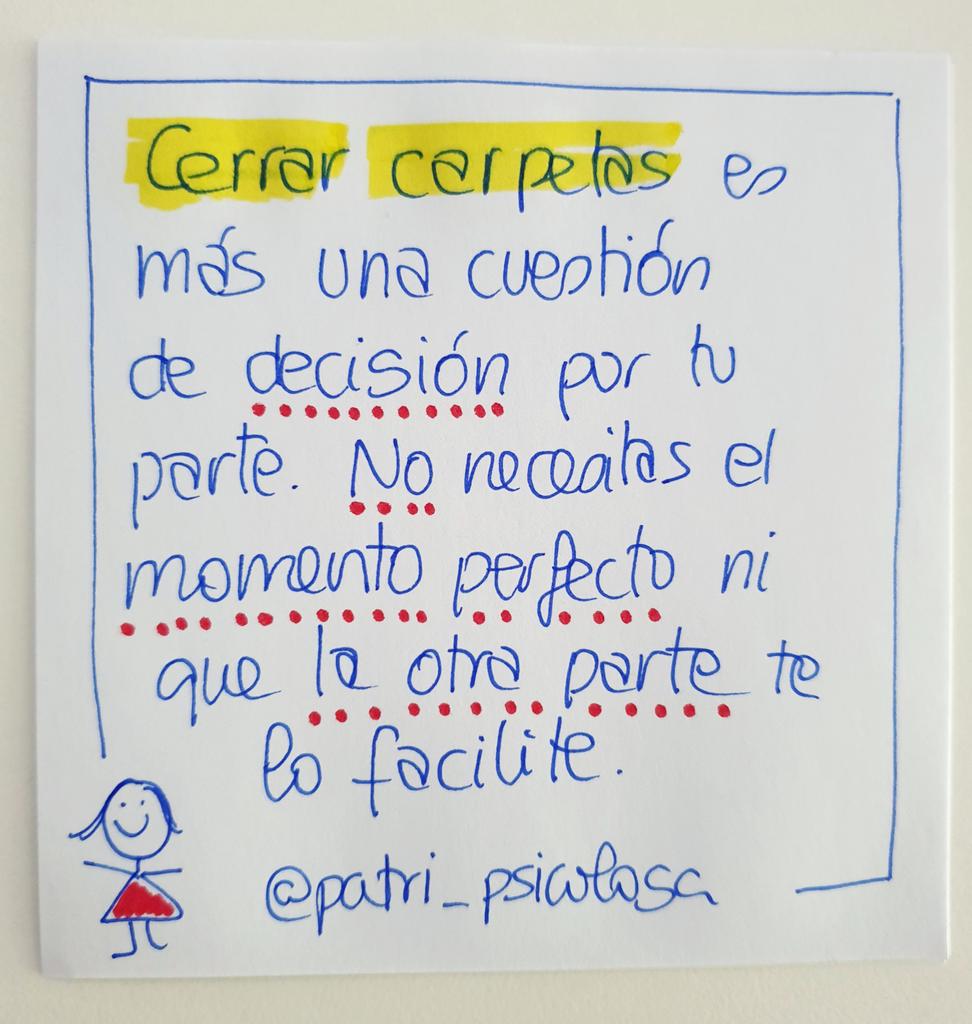 Patri_Psicologa's tweet photo. Cerrar carpetas es más una cuestión personal, de decisión por tu parte, que la espera de un momento perfecto o de que la otra parte te lo facilite.
Puedes tomar distancia emocional, tenga la carpeta solución o no la tenga, con todo aquello que te inquieta y deseas cerrar. https://t.co/CvMi8E6pN5