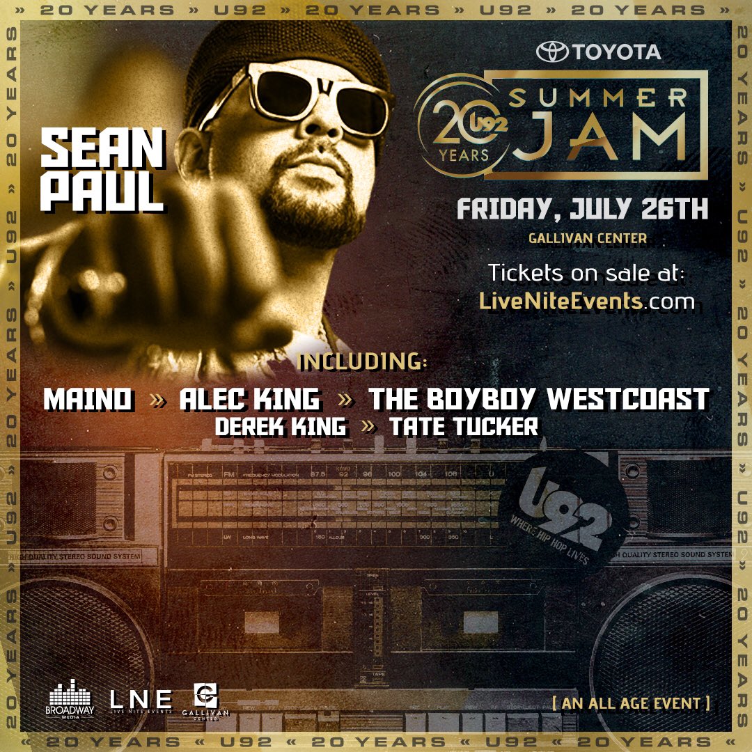 925thebeatslc's tweet photo. ANNOUNCED THIS MORNING! THE @Toyota U92 Summer Jam 2019 with @duttypaul!!! 🙌
Tickets go on sale tomorrow morning at https://t.co/zNbFv2dPlq
Get all the details at https://t.co/J7R9KqjUCM
#U92SLC #U92SummerJam2019 #SeanPaul #GallivanPlaza #GallivanPlaza #LiveNiteEvents https://t.co/lFvJjxbjND