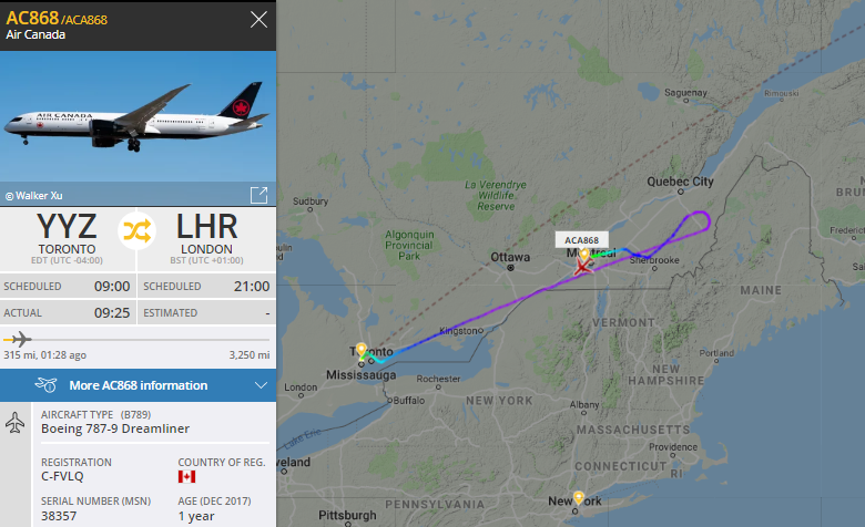 NikPhillips666's tweet photo. Air Canada #AC868 out of Toronto to London Heathrow has diverted to Montreal https://t.co/2kpGPsdX99