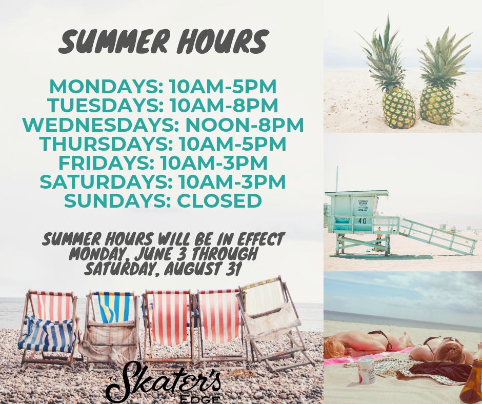 SkatersEdge_'s tweet photo. Summertime and the livin' is easy!

Planning to visit us soon?  Our Summer Hours will be in effect June 3 though August 31! ☀️😎 ☀️ https://t.co/DU5J8gAUTL