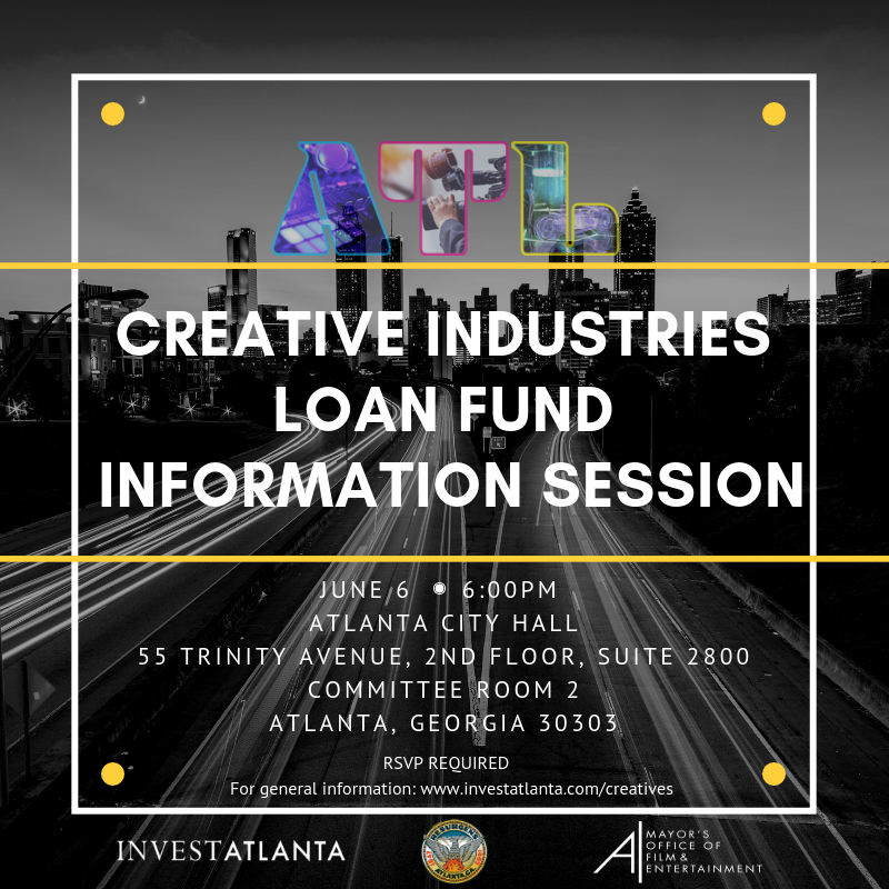 InvestAtlanta's tweet photo. Attention ATL creatives! On Thursday, June 9, IA and @ATLFilmEnt are hosting another Creative Industries Loan Fund info session. Learn how the program can finance your next creative project, whether in film, music, or digital media. #CreATL #SetSouth RSVP: https://t.co/S2VXVvCr1d https://t.co/2mSSQT6ZmY