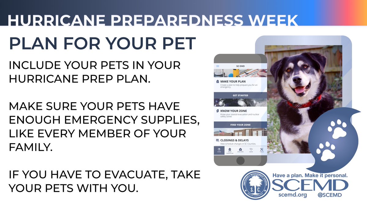 SCEMD's tweet photo. #HurricanePrep for the everyone means having a plan for your four-legged, furry or feathered family members that otherwise run our lives. Include your pets in your emergency plan. Make sure they go where you go. Get the Guide: https://t.co/tHgX2Mpo8L #sctweets #scwx https://t.co/AzfGTUzr4B