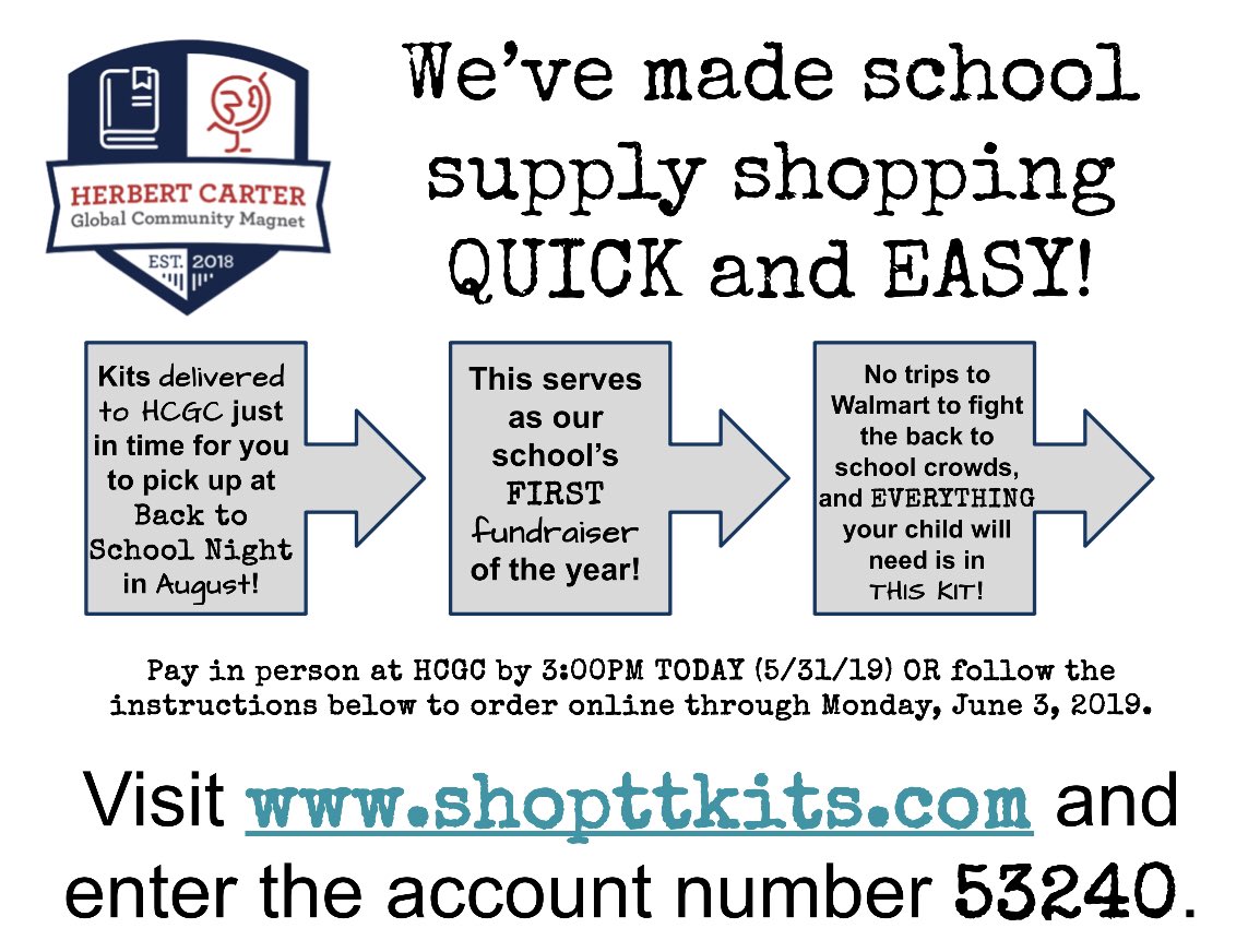HCGCmagnet's tweet photo. LAST CALL | 🖍✂️✏️ Want to get your school supplies QUICKLY &amp; EASILY?! We’re now accepting in-person payment until 3:00PM today! Online orders will be taken through June 3rd! 

Head over to FB for complete lists for each grade, if needed. 
#teamHCGC
#ONEpatriotONEcommunity https://t.co/l7FAmq5QMm