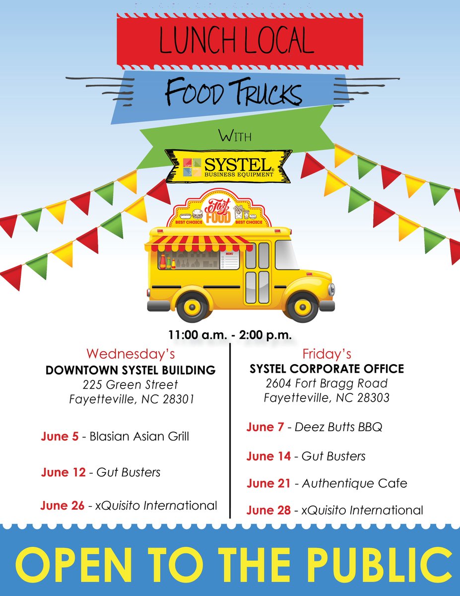 Systel is happy to begin hosting a series of #FoodTrucks at its Corporate Office on Fort Bragg Road and the #SystelBuilding in <a href="/DowntownFay/">DowntownFayetteville</a> this Summer! 

And, if you're interested in joining the Food Truck circuit as a vendor, contact: 910-321-7700.