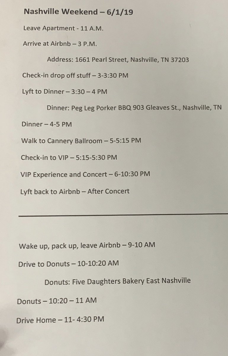 bb__boi's tweet photo. My girlfriend made an itinerary for our trip to Nashville. She’s very thorough... https://t.co/zqL98hFhot