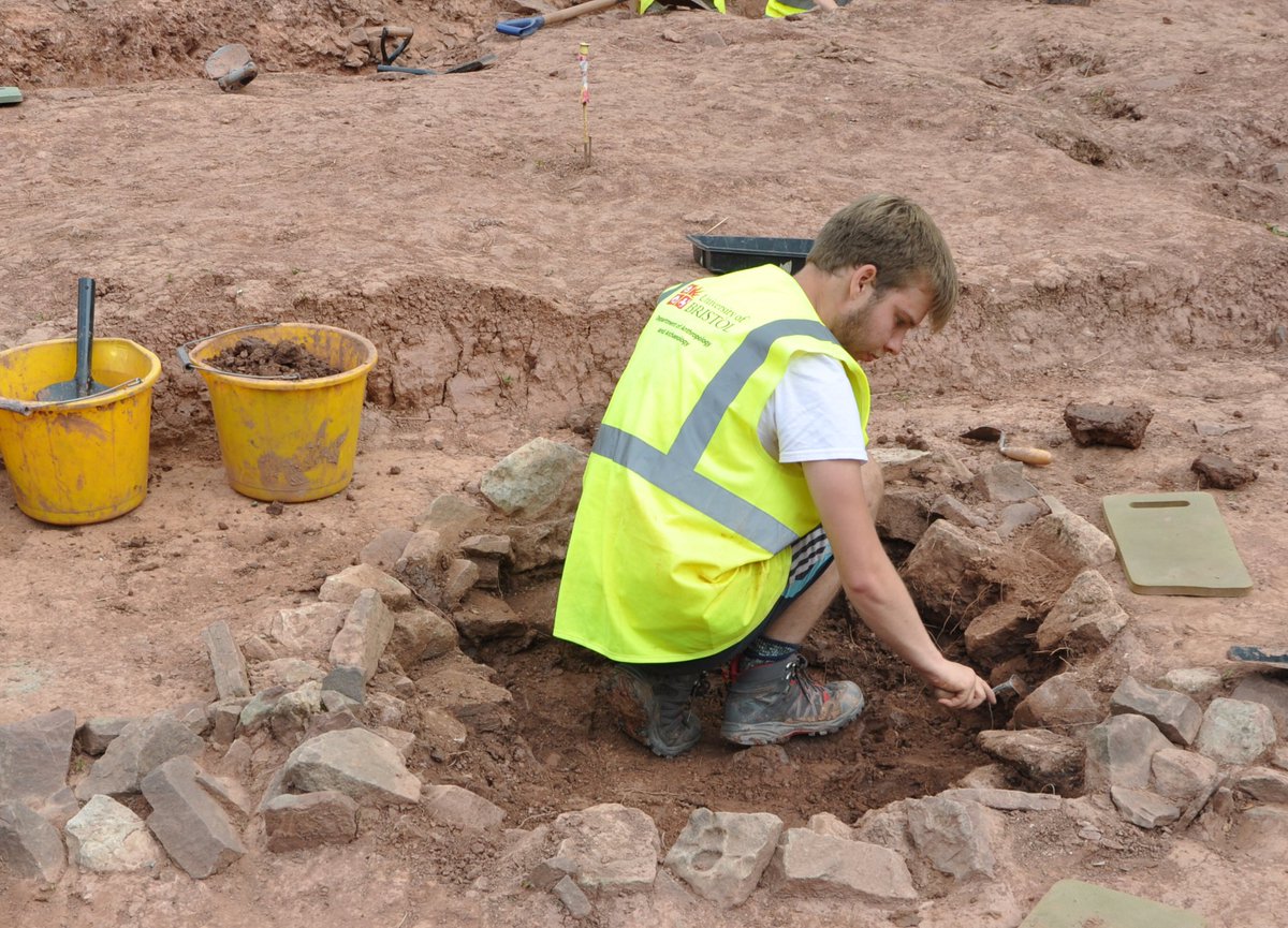 UoBristolHARP's tweet photo. Well, what do we have here! Students are currently busy excavating a well, and have found animal bones and stones within the feature. More to come! #digberkeley https://t.co/tE4dsXEG7F