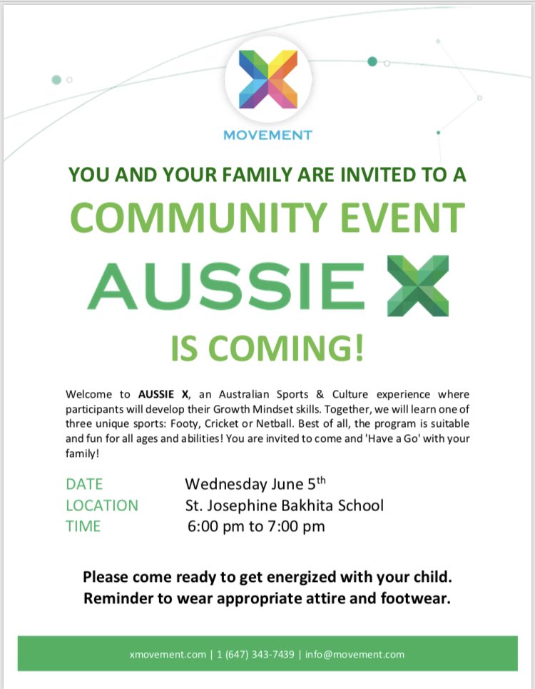 DPBakhita's tweet photo. Come and join us for a great night on Wed. June 5 celebrating St. Josephine Bakhita School’s 10th Anniversary (5-6pm) and a fun community night with your child with @XMovement_  (6-7pm) #aussiex @DPCDSBSchools https://t.co/J2nTgOzgE8