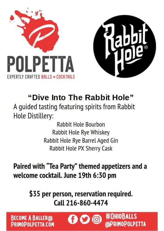 primopolpetta's tweet photo. Dive into the Rabbit Hole at Polpetta
A guided tasting featuring spirits from Rabbit Hole Distillery. Paired with Tea Party themed appetizers and a welcome cocktail. June 19th 6:30 pm. $35 per person, reservation required. Call 216-860-4474 https://t.co/FeMsApbXWP