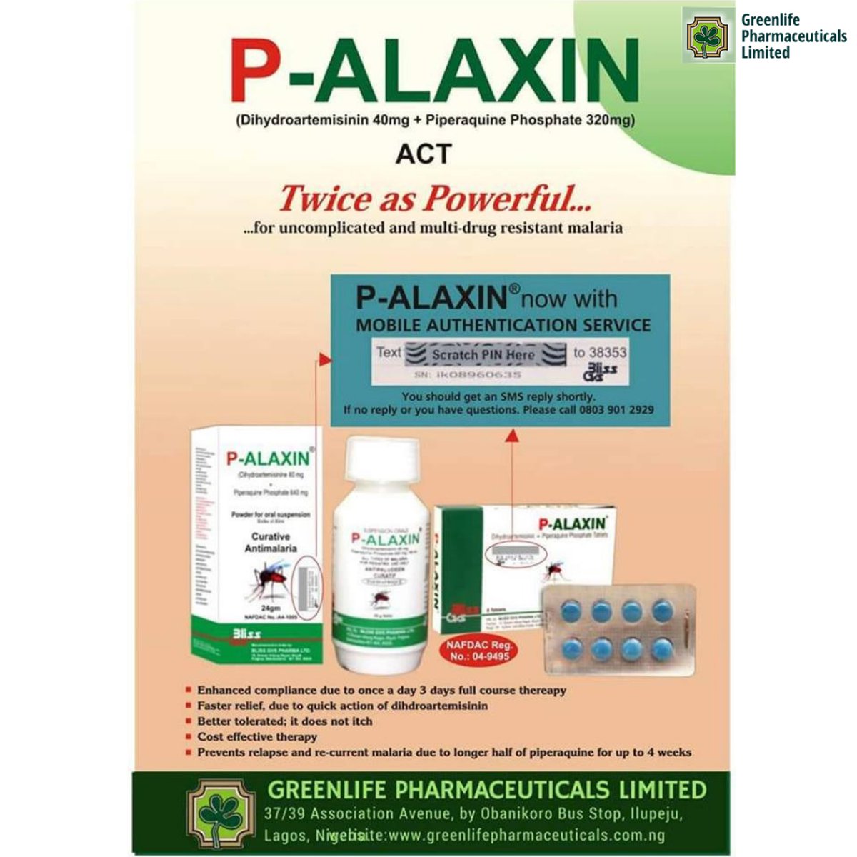 greenlife_pharm's tweet photo. Get P-Alaxin for uncomplicated and multi-drug resistant malaria.
.
.
P-Alaxin also comes with a mobile authentication service to help you ensure you are getting an original product. .
.
.
#asoebibella #bellanaijaweddings #nigerianwedding #instablog #fightfakedrugs https://t.co/syzYBQJYAV