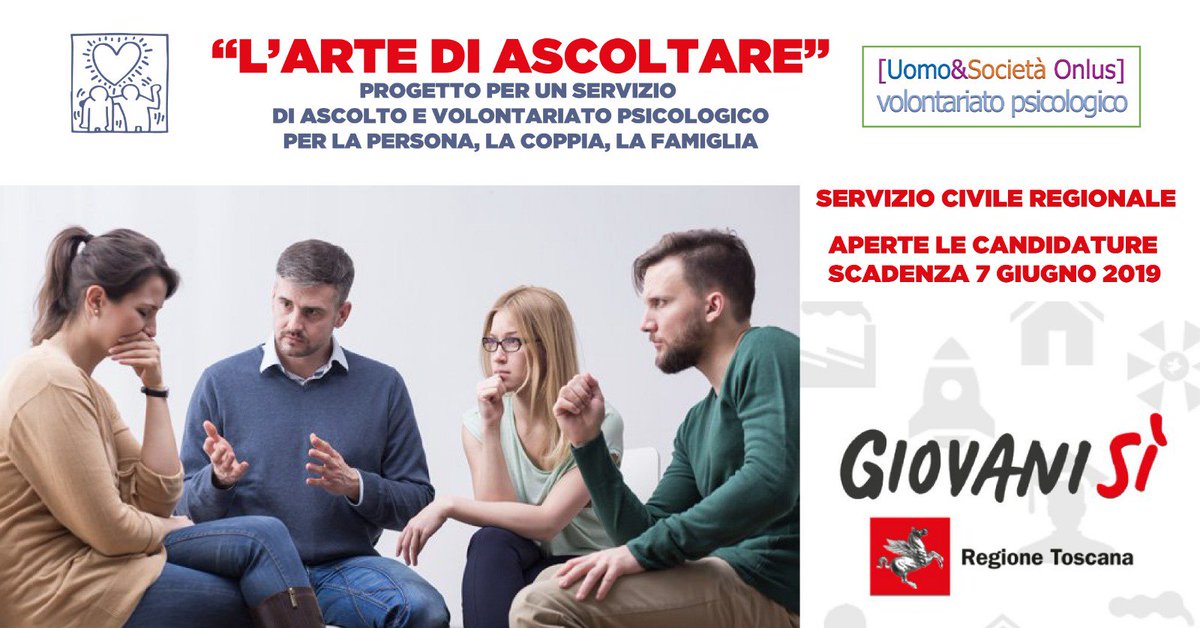 POLOPSICODINAM's tweet photo. "L'ARTE DI ASCOLTARE"
Progetto per un servizio di ascolto e volontariato psicologico per la persona, la coppia, la famiglia

Servizio Civile Regionale - Uomo&amp;Società ONLUS
Scadenza: 7 GIUGNO 2019 https://t.co/Wdq3byLdqY