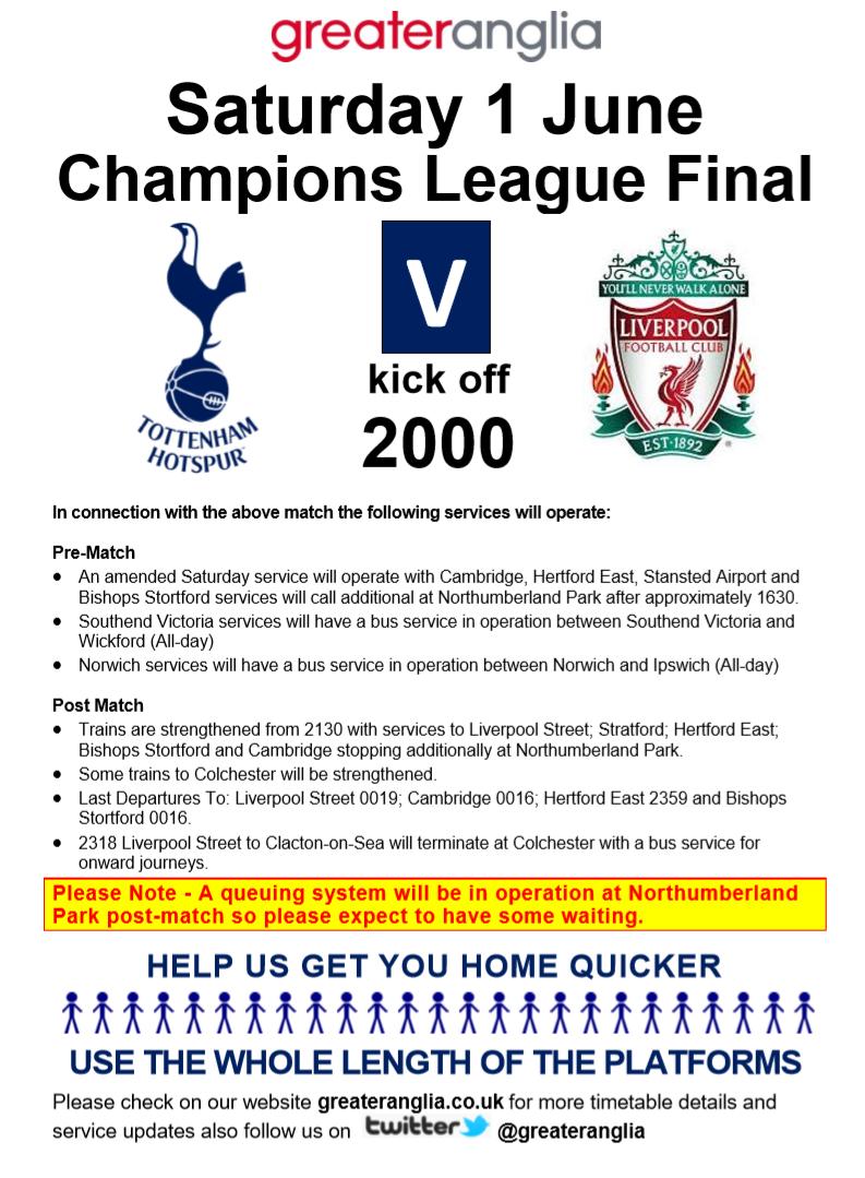 Greater Anglia Travelling To The Tottenham Hotspur Stadium This Saturday 1st June For The Champions League Final Stadium Viewing Some Important Travel Information To Note Here Spursofficial Uclfinal