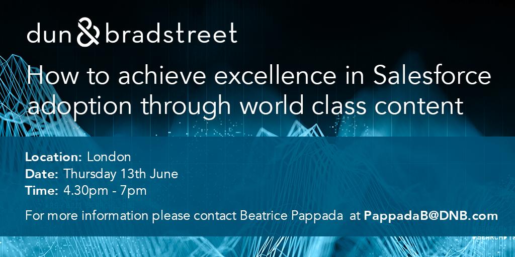 dnbukteam's tweet photo. We are hosting an exclusive event with @salesforce on 13 June!

Join us for a demonstration on how to achieve excellence in Salesforce adoption through world class content: https://t.co/hSBE1zBgul #data #sales #marketing #finance https://t.co/cLZMgk7jCP