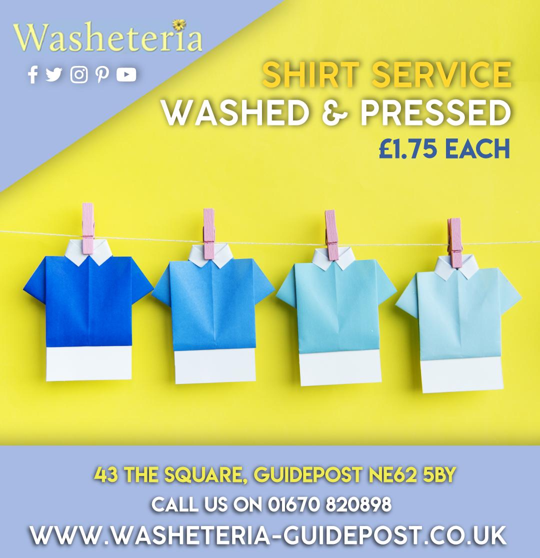 Shirt service available!
Washed and pressed £1.75 each!
Visit washeteria-guidepost.co.uk 
Call on 01670 820 898 to inquire more
#wash #clean #service #laundry #iron #home #clothes #comfort #flexible #overall #look