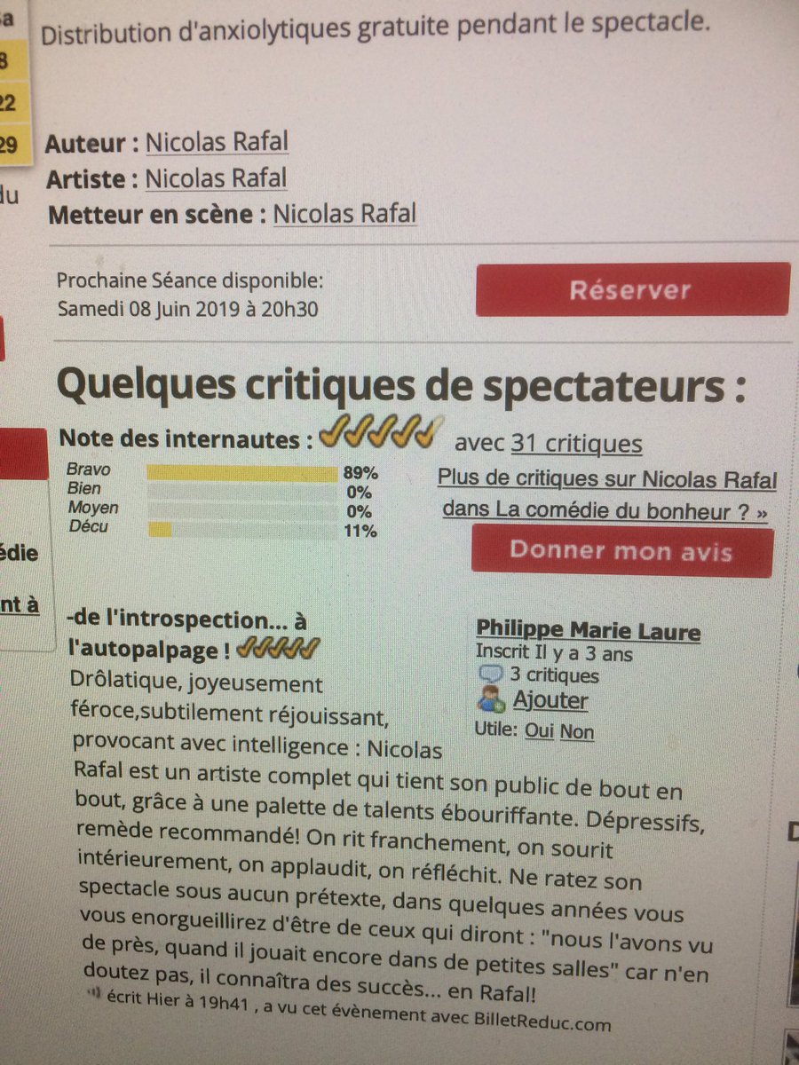 nicolasrafal's tweet photo. Dernière critique en date de «  la comédie du bonheur » .. prochaine date : samedi 8 juin ( et Sam 22 et 29 juin) à 20h30 à l archipel https://t.co/dmwRQ9zzlJ