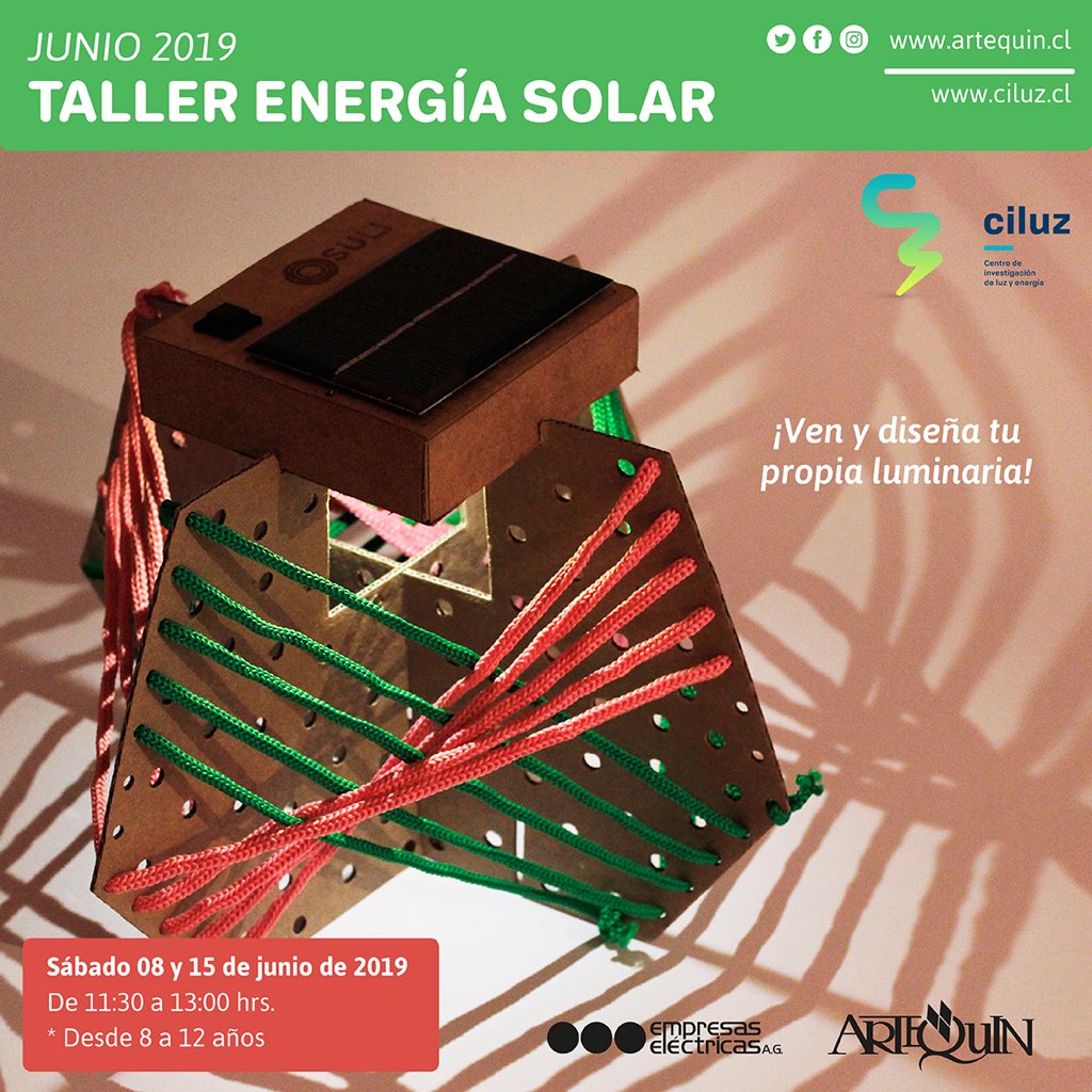 ¿Cómo funciona la energía solar? Ésta y otras interrogantes serán abordadas en el Taller Energía Solar que dictaremos el sábado 8 y 15 de junio, entre las 11:30 y las 13:00 hrs en <a href="/artequin/">Museo Artequin</a> . +info:wwwartequin.cl o escribir a cursos@ciluz.cl
#talleres #luz #arte