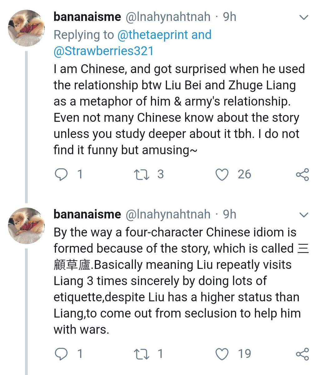 Let's start with how he used the relationship btw Liu Bei and Zhang Liang from the book "The Romance of 3 Kingdoms" as a metaphor of his relationship with armys, expressing their importance and how he holds them in such high regard! #BTSV  #V  #Taehyung  @BTS_twt