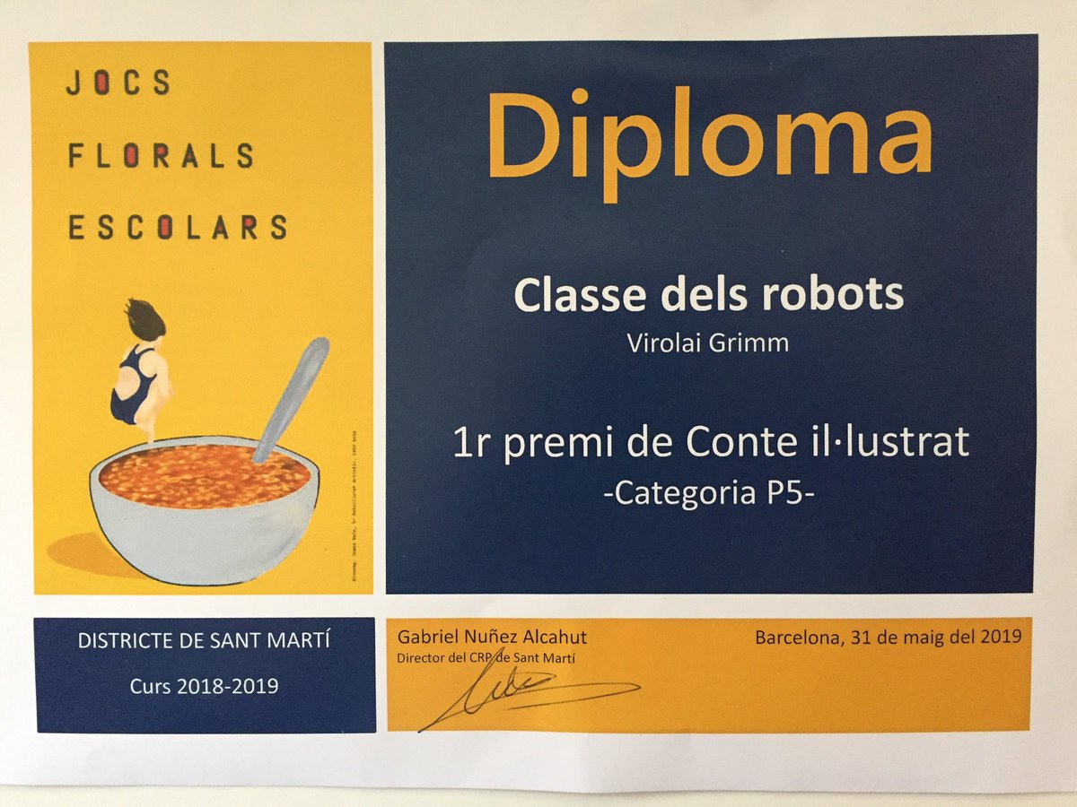 virolaigrimm's tweet photo. #JocsFloralsdeldistricte. Felicitats, classe dels Robots pel 1r premi al conte Flot, l'inventor!! El conte parla de fer amics, de tenir cura de la Natura, d'intentar buscar solucions amb imaginació i de perseverar, perseverar i perseverar fins aconseguir els nostres objectius. https://t.co/Xlxc1n0yw6