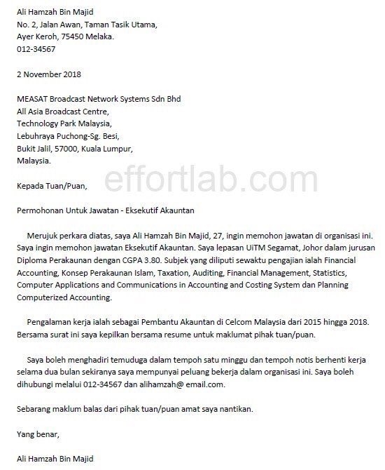 Cover Letter For Resume Malaysia - Letter