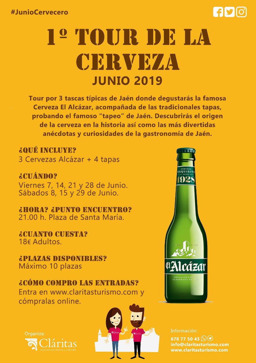 📢 Llega a Jaén el 1° #Tourdelacerveza 🍻🍻 📢

Visitaremos 3 tascas típicas del casco histórico degustando la <a href="/cervezasalcazar/">Cervezas El Alcázar</a> acompañada de la tapa yde nuestro guía que os explicará la historia de la cerveza y la gastronomía.
🕵️‍♂️ Compra tu entrada 👇👇
claritasturismo.com/ruta/tour-de-l…