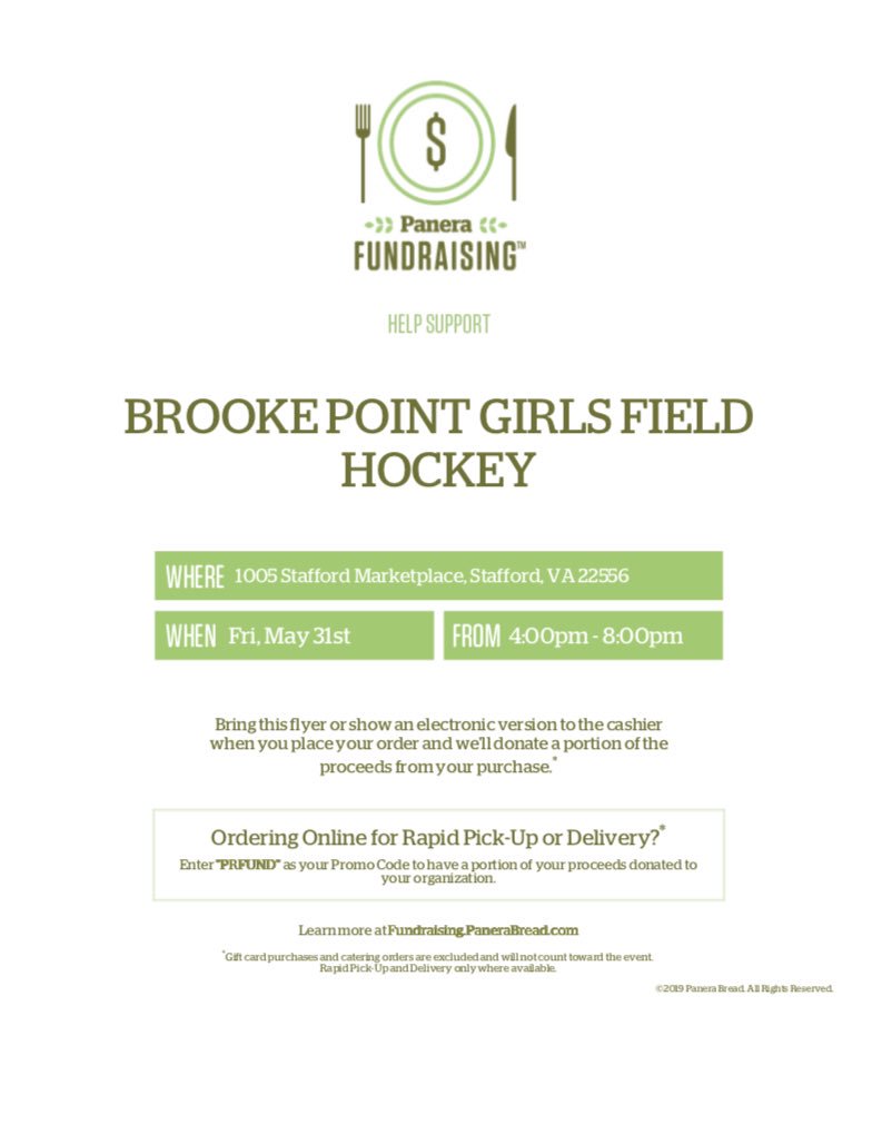 Come out and support BP Field Hockey TONIGHT at Panera from 4-8pm. Show this flyer and spread the word! #AsOne ⚫️🔴🏑