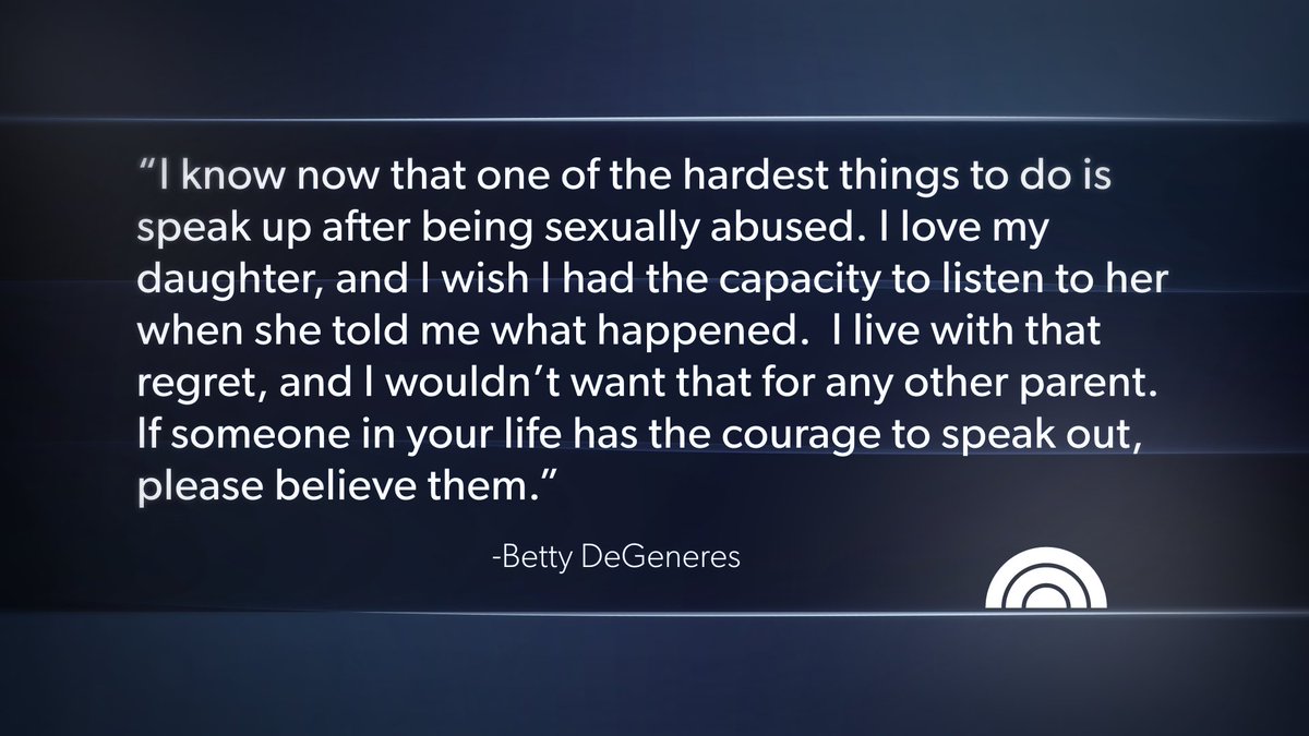 SavannahGuthrie's tweet photo. “I live with that regret,” - Ellen Degeneres’ mother, Betty, in her first statement since Ellen’s revelations of sexual abuse, provided exclusively to ⁦@TODAYshow⁩. “If someone in your life has the courage to speak out, please believe them,” she writes. https://t.co/um1zfLq89Y