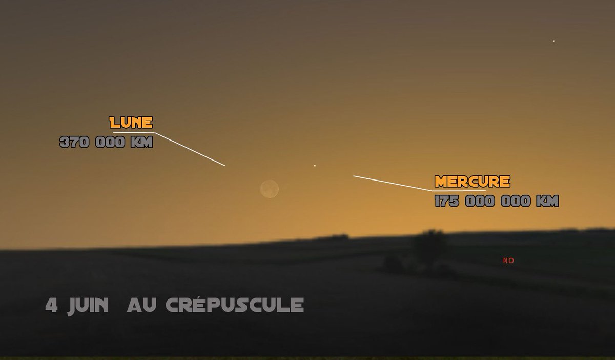Ce soir, le croissant lunaire passe du côté ouest avec #Mercure comme compagne ! Le 5 juin, ce sera au tour de #Mars.