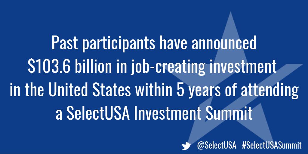 SelectUSA's tweet photo. Within 5 years of attending a #SelectUSASummit, global companies have announced more than $100 billion in job-creating #FDI in the United States 🇺🇸 https://t.co/Sduhpmse1M https://t.co/kLcgMzqHcA