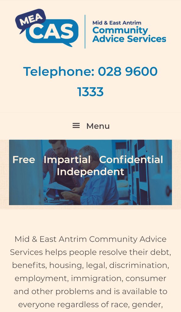 MEA_CAS's tweet photo. M&amp; E Antrim Community #Advice Services helps people resolve their #debt , #benefits , #housing , legal, discrimination, employment, immigration,consumer and other problems.About our opening hours Look below at the screenshot.

https://t.co/A5kj1RF35n https://t.co/aklKyRnU5H