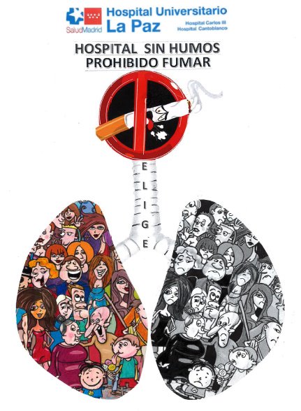 Andreamfeijoo's tweet photo. Ganadores del concurso de Relatos y Carteles #HospitalLibredeHumo :
ELIGE: Cartel ganador de Olga Peral Puga
PULMONES: Relato ganador de Sonia Ayuga Cedrón
Por un #HospitalLaPaz sin malos humos 😷
#DiaMundialSinTabaco https://t.co/EDzSjj4Wno