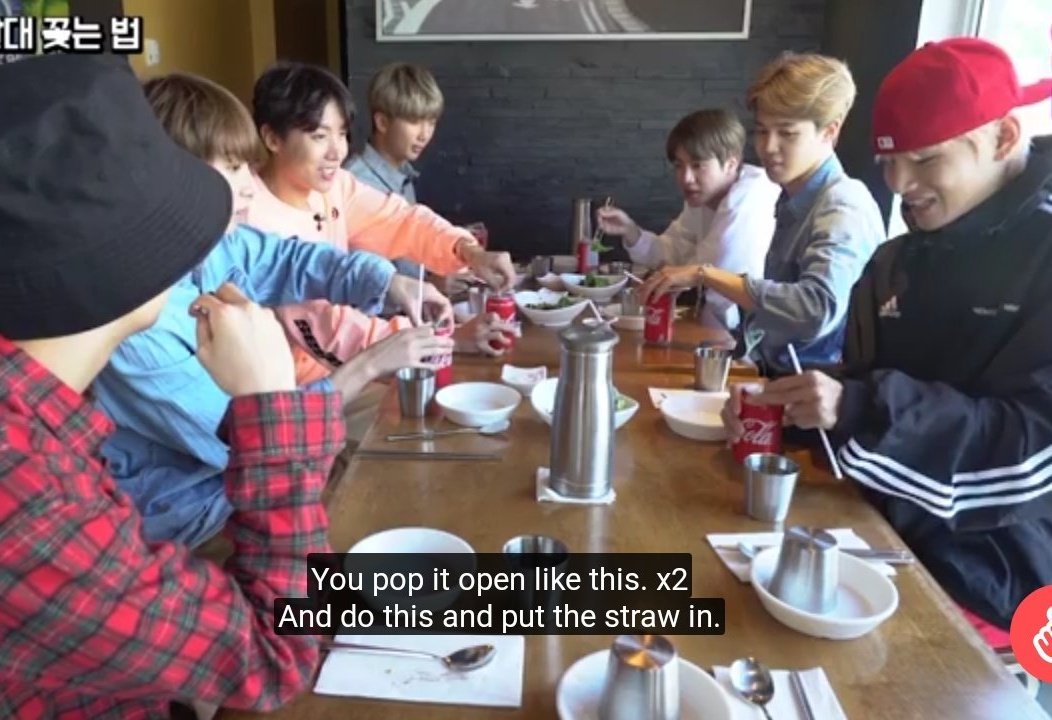 Taehyung teaching the members how to use a soda can as a perfect straw holder. The members were so impressed #BTSV  @BTS_twt  #V  #Taehyung
