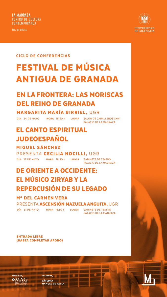 lamadrazacccugr's tweet photo. Hoy,18:30h,en #LaMadraza, finaliza el ciclo de conferencias con motivo del Festival de Música Antigua de Granada con De Oriente a Occidente: el músico Ziryab y la repercusión de su legado. https://t.co/mjnRY1siFt #CMDeFallaUGR #MAG @CanalUGR @educaugr @UGRdivulga @FundEuroArabe https://t.co/nfgbMeHryh