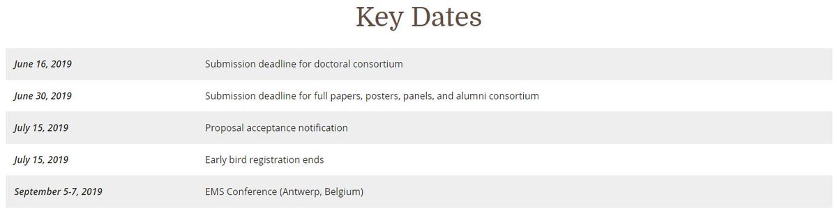 Val_Sabatier's tweet photo. Don't miss the date !

Submission deadline for full papers, posters, panels and #alumni consortium for the #EMS2019 Conference has been extended to June 30, 2019 !
Please note that the deadline for submissions to the #Doctoral Consortium remains unchanged

https://t.co/NIN0M13L3t https://t.co/f4xNCUj1TH