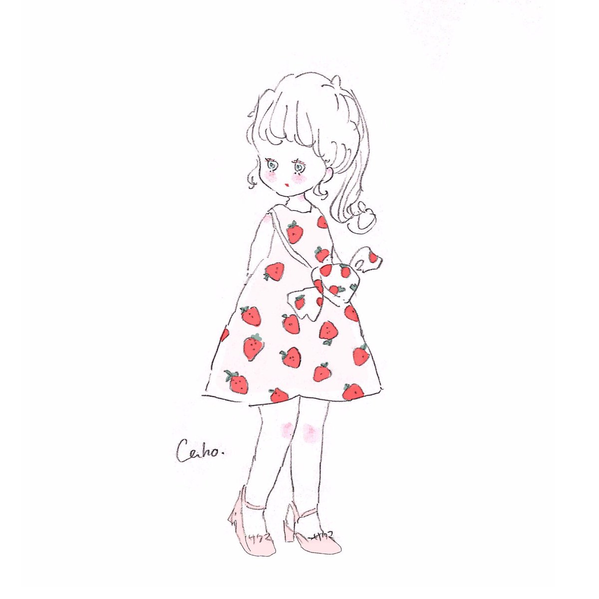 food print 1girl solo strawberry print white background dress full body  illustration images