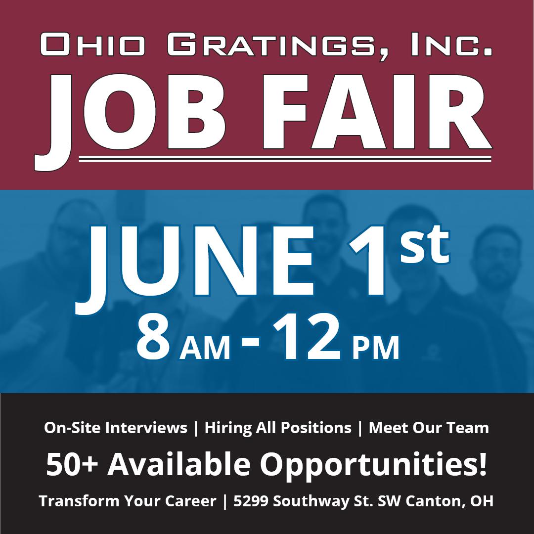 OhioGratings's tweet photo. We are so excited to meet everyone at our onsite job fair tomorrow! We will be hiring for a variety of positions, with 1st, 2nd and 3rd shifts available. Learn how you can move your career a step ahead with Ohio Gratings. #JobFair #AStepAhead #Careers

https://t.co/3TKpwtYGlO https://t.co/Ir7ZtPXoWb