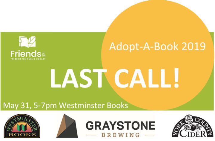 Tonight's the night! Join us from 5-7 at @westminsterbks for the Adopt-A-Book 2019 after-party. Squeeze in a last minute adoption while you enjoy a beverage by @yorkcountycider or @GrayStoneBeer. Show your love for @FredLibrary and @NasisLibrary! @DowntownFred #fredericton