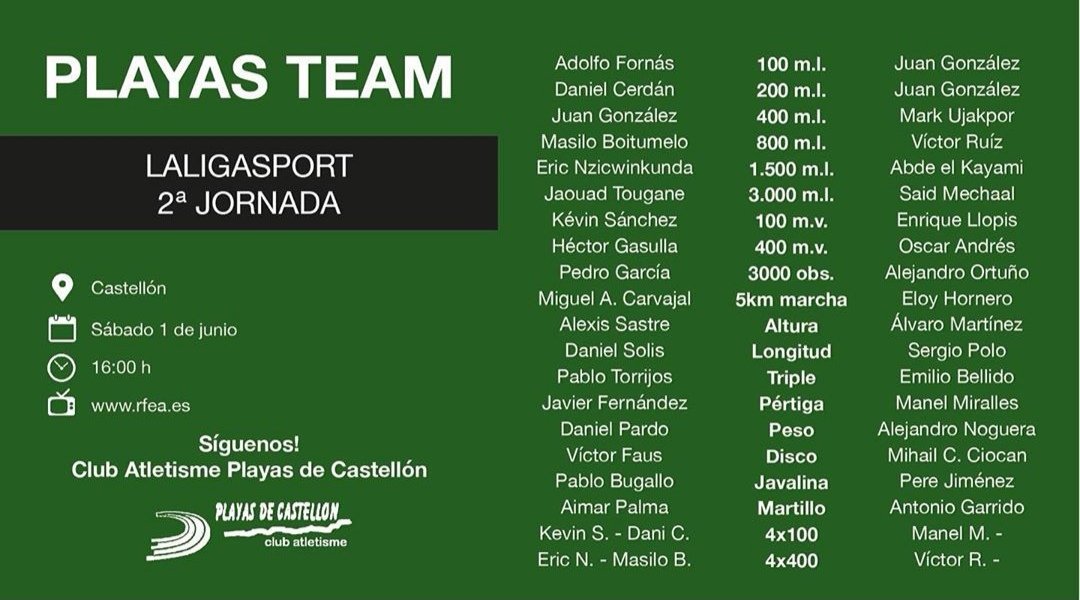 Convocatoria de los hombres que defenderán los colores de <a href="/atletismoplayas/">CA Facsa Playas de Castellón</a> en la Segunda Jornada de Liga en Castellón, entre ellos figura nuestro Alejandro para la prueba de 3000 obstáculos. 🚧🚧
#LigaDH ##CabanesOrtuño #VayaTela.