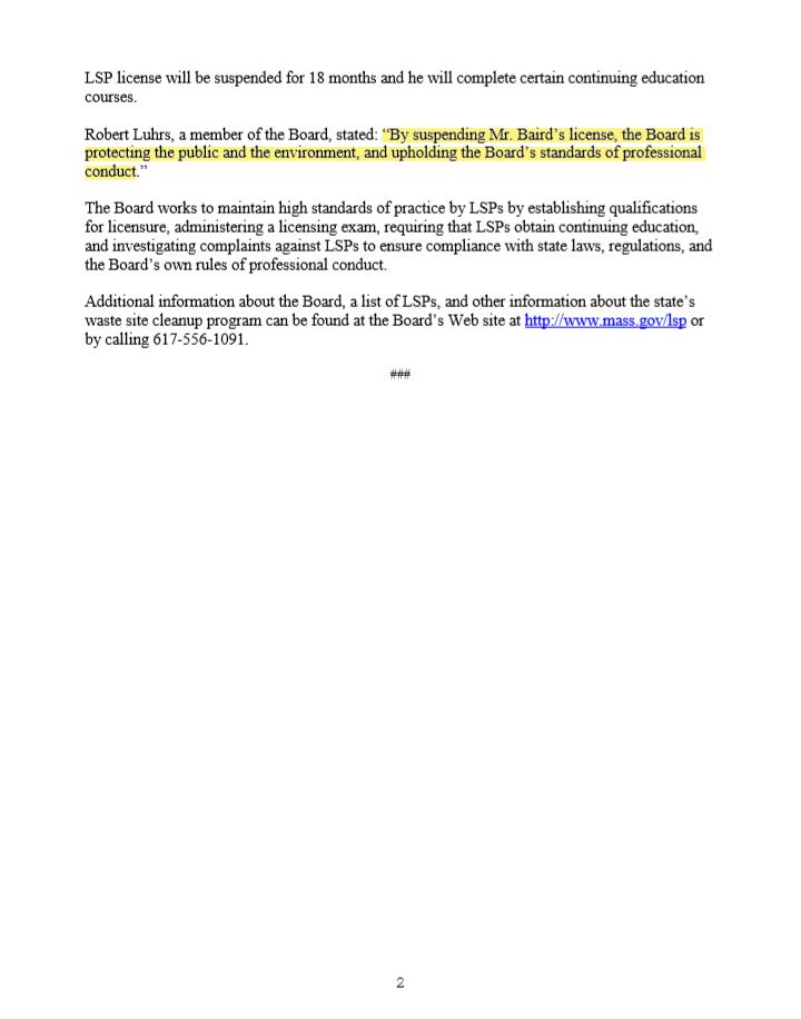MicrosorbTech's tweet photo. State Board Suspends License of Hazardous Waste Site Cleanup Professional William E. Baird, P.E., WEB Engineering Associates
“By suspending Mr. Baird’s license, the Board is protecting the public and the environment, and upholding the Board’s standards of professional conduct.” https://t.co/nBl8OIh1e0