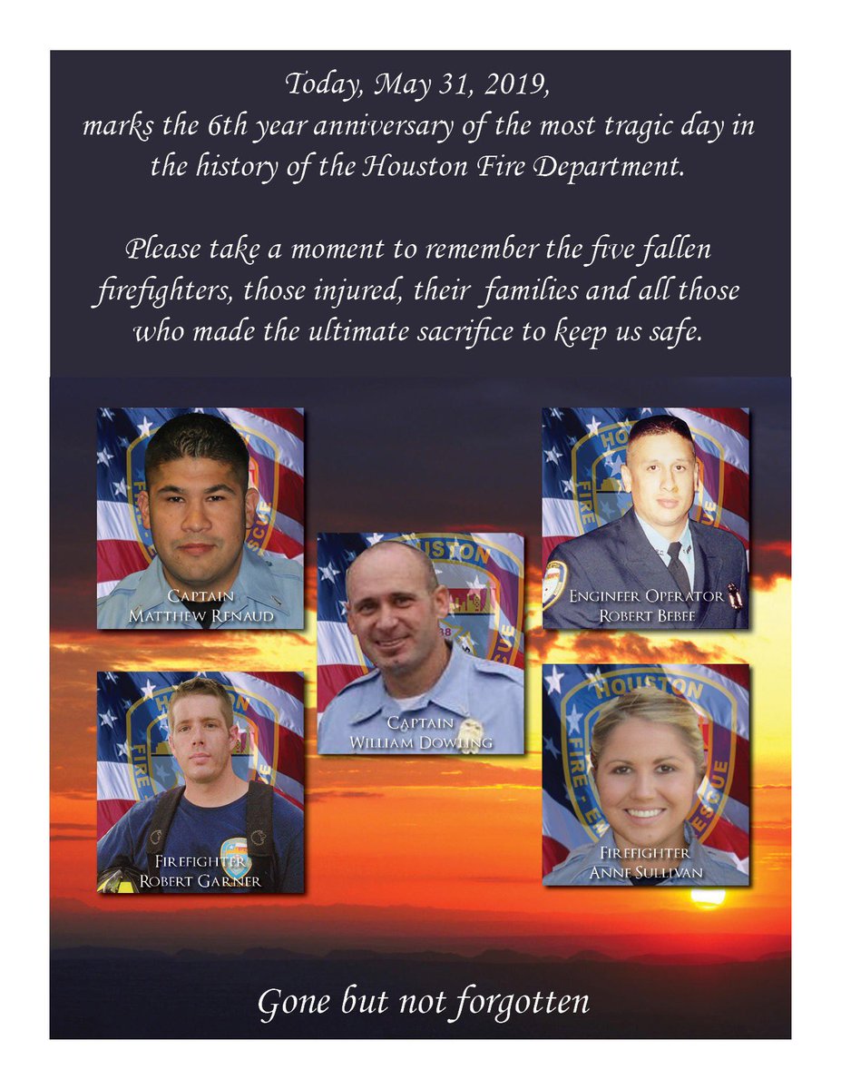 HoustonFire's tweet photo. “On this day, we celebrate their memory and honor their sacrifice in the service of others; Dowling, Bebee, Renaud, Sullivan and Garner. May God Bless them, their families and the Houston Fire Department.”- Sam Pena, Houston Fire Chief @FireChiefofHFD https://t.co/JgNdEe0Xbg