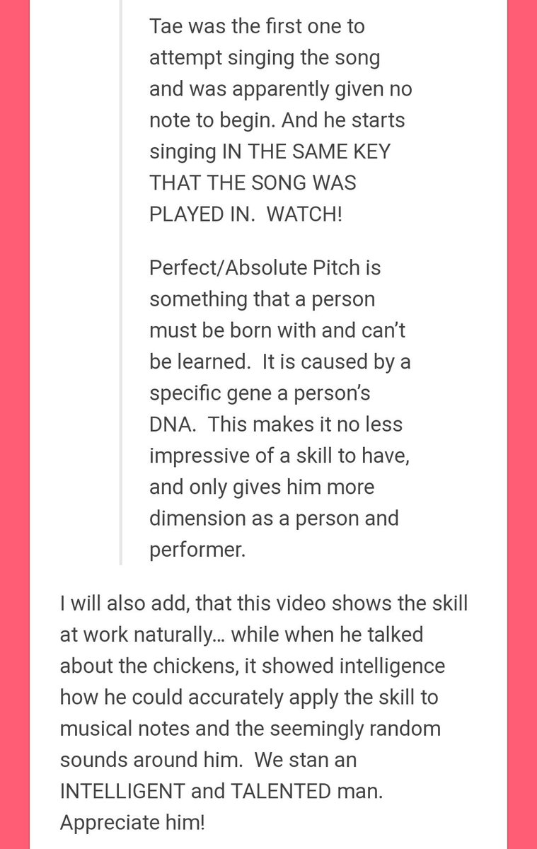 "Perfect Pitch" is something a person is born with and can't be learned!! the fact that Taehyung can accurately apply his knowledge and skill to..... musical notes and the seemingly random sounds around him is BEYOND AMAZING #BTSV  @BTS_twt  #V  #Taehyung