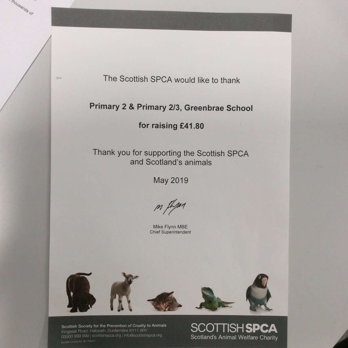 MrGrayGreenbrae's tweet photo. Primary 2/3 and P2 received a thank you letter and certificate from the SSPCA to thank us for our donation. Thank you to all parents who came and bought bath bombs and thanks to @GreenbraePta for helping fund the ingredients! @MissSmart14 https://t.co/9N1f40I64U