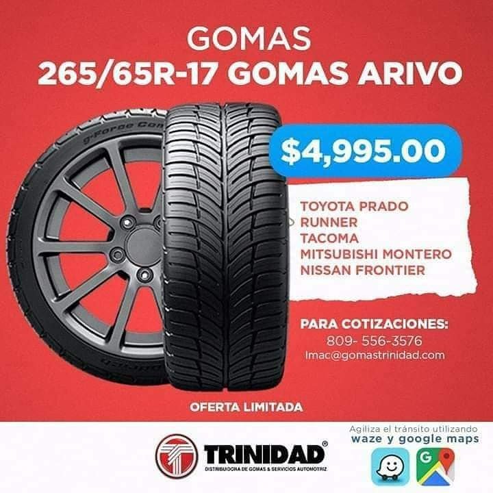 Oferta de la semana ‼️
Gomas Arivo 265/65R-17 a tan solo RD$4,995.00 🤩
.
*Impuestos, montura, balanceo y ación incluidos. Envíos 🚚 a todas partes del país*
.
#Trinidad #GomasTrinidad #rodartumundo #
#LaRomana #TallerAutomotriz #Waze #Oferta #AutoAdorno #Balanceo #Alineacion