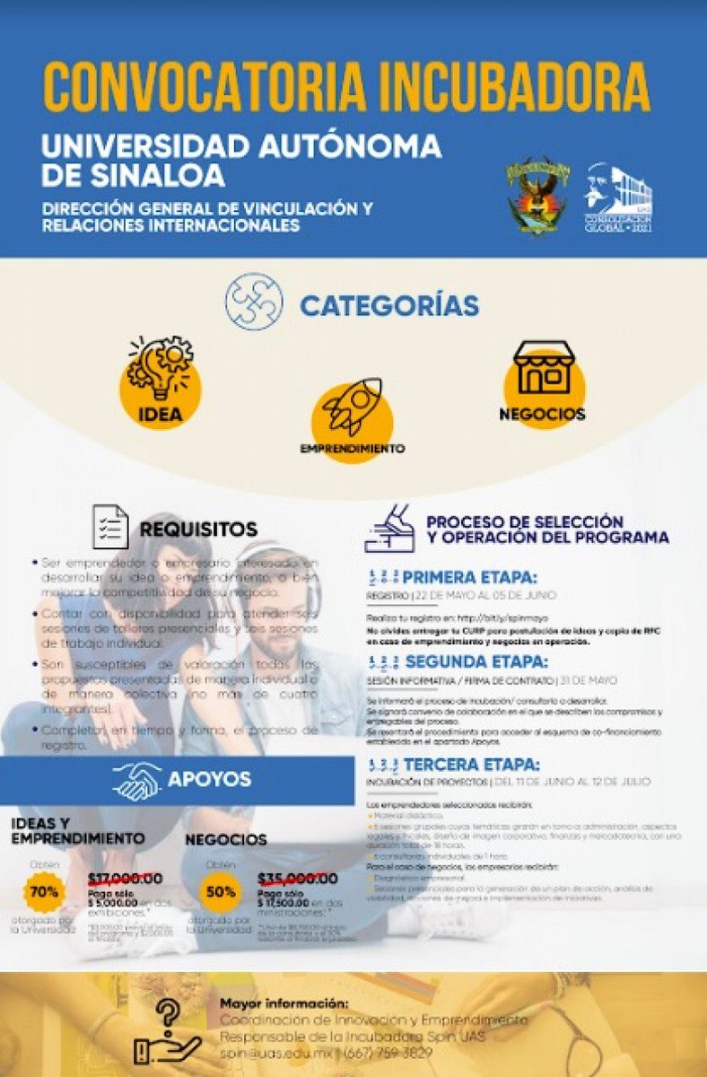 UASinaloa's tweet photo. Convocatoria Incubadora dirigida a estudiantes, egresados e investigadores de la UAS con interés en desarrollar sus ideas, emprendimientos o negocios #emprendeUAS #SpinUAS https://t.co/cuxp2wTVaz https://t.co/b2FqAFbmPk